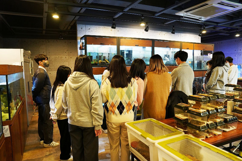 한경대학교 재학생들이 서울호서직업전문학교 관상어 비바리움실을 견학하고 있다.